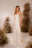 Load image into Gallery viewer, Minimalist Satin Wedding Dress, Sleek Sheath Bridal Gown with Train - HS01 image 2